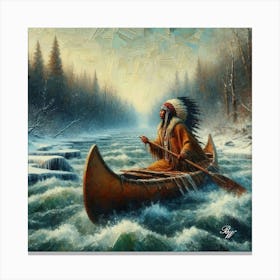 Oil Texture Native American Indian Canoeing 4 Canvas Print