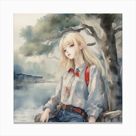 Anime Girl Sitting By The Water Canvas Print