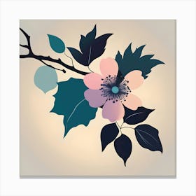 Branch With Coral And Turquoise Flower On Beige Background Canvas Print