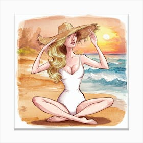 Beach Girl In Hat Canvas Print