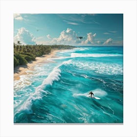 Drone View Capturing A Surfer Catching A Wave Near A Sandy Coastline Vibrant Turquoise Lagoon In Th (5) Stampe su tela