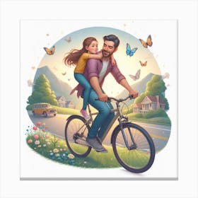 Father And Daughter Riding Bicycle Canvas Print