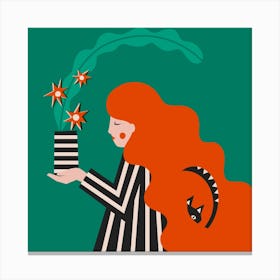 Redhead And Plant Square Canvas Print