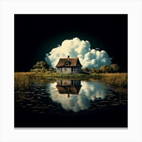 Firefly Black Background, Reflection, Old House, Cloud, Pond, Atmospheric, Serene, Mysterious, Moody Canvas Print