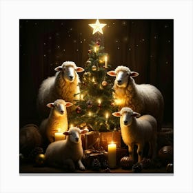 Sheep Family Gathered Around A Festively Decorated Christmas Tree Adorned With Baubles And Topped W 1 Canvas Print