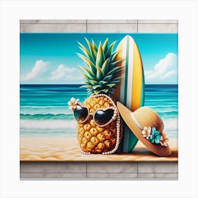 Pineapple with Pearl Earrings and Straw Hat: A Realistic and Beachy Canvas Print