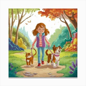 Girl Walks Her Dogs Canvas Print
