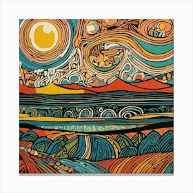 Sunrise Over the Mountain and River Abstract Linocut Canvas Print