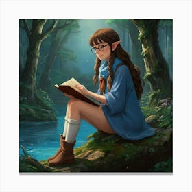 Studio Ghibli ~ Hayao Miyazaki ~ Beautiful elf woman with braided long brown hair, brown eyes, and freckles. wearing a blue scarf, glasses, comfy looking outfit, skirt and thigh highs. sitting and reading a book in a whimsical magical forest with water nearby. whimsical, tetradic colors, The style is highly detailed and vivid, with a blend of realism and fantasy art elements, emphasizing a moody and ethereal ambiance. epic masterpiece, cinematic experience, 8k, fantasy digital art, HDR, UHD. This contrast between the fantastical character and the more traditional fantasy color scheme and elements gives the piece an intriguing narrative quality. Canvas Print