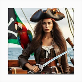 Beautiful Woman In Pirate Costume With Parrot 1 Canvas Print