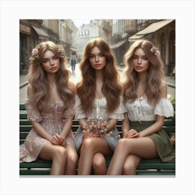 Three Girls Sitting On A Bench Canvas Print