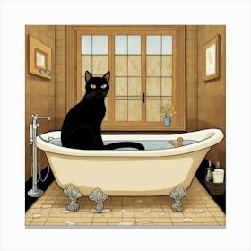 Default Black Cat On Bathtub Brown Black Bathroom Art Print 3 Canvas Print