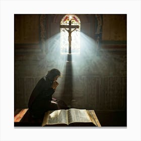 A Devoted Individual In Quiet Contemplation Clasping A Worn Holy Bible Tightly With An Air Of Sole (2) Canvas Print