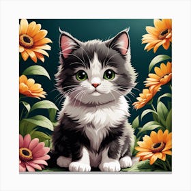 Cute Kitten With Flowers Canvas Print