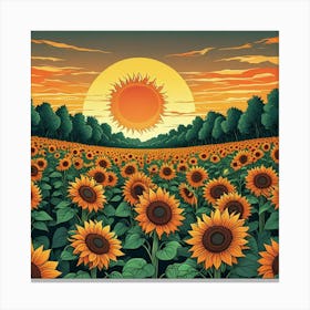 A Vibrant Field Of Sunflowers Stretching Towards The Horizon Under A Bright Sun A Poster Of Sunflowers In A Field With The Sun In The Background (3) Canvas Print