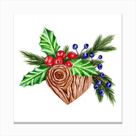 Wooden Heart with Pine Branches, Berries and Mistletoe Canvas Print