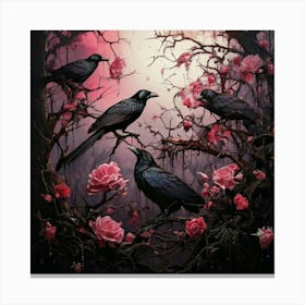 Firefly Dark, Atmospheric, Black Crows, Thorny Branches, Barren, Pink Roses, Striking Contrast, Goth Canvas Print