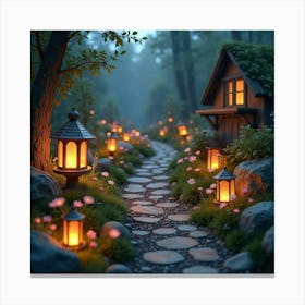 Whimsical Fairy Garden With Glowing Lanterns And Flowers 1 Canvas Print