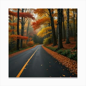 A Winding Road Through A Dense Forest With Autumn Leaves In Vibrant Colors Canvas Print