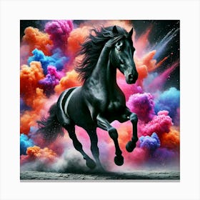 Black Horse With Colorful Smoke Stampe su tela