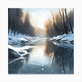 Winter Woodland Landscape, River Reflections 4 Canvas Print