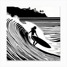 Linocut Black And White Surfer Girl On A Wave art, surfing art, 260 Canvas Print
