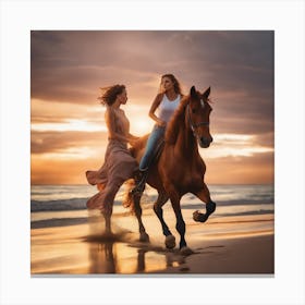 Two Women Riding Horses On The Beach Canvas Print