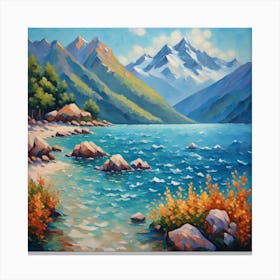 Tranquil Shores: Alpine Majesty Meets Azure Waters. Fine wall art . Canvas Print