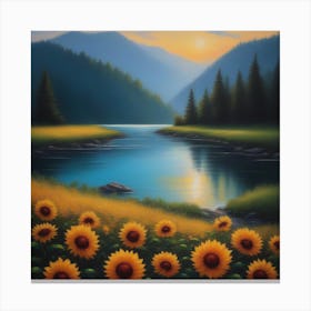 Sunflowers By The River Canvas Print