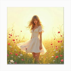 Taylor Swift In A Watercolor Meadow, With Flowers And Soft Sunlight Canvas Print