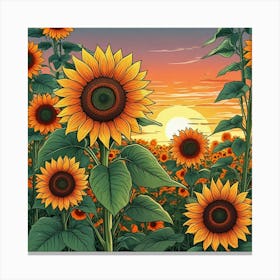 A Vibrant Field Of Sunflowers Stretching Towards The Horizon Under A Bright Sun A Poster Of Sunflowers In A Field With The Sun In The Background (2) Canvas Print