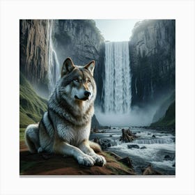 Wolf In Front Of Waterfall Canvas Print