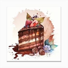 Watercolor Piece Of Cake Covered with Chocolate and fruits Canvas Print