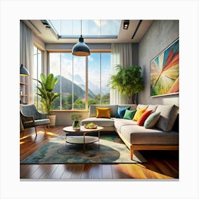 Modern Living Room With Mountain View Canvas Print