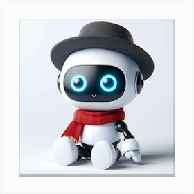 An illustration of a cute robot wearing a hat and scarf, sitting down with a friendly smile on its face Canvas Print
