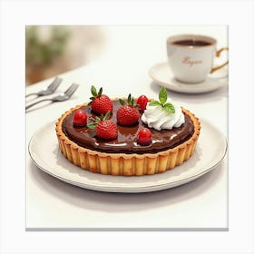 Watercolor Art Of A Rich And Creamy Chocolate Tart On A Modern Dining Table Canvas Print