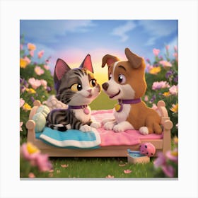 Cat And Dog In Bed Canvas Print