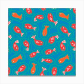 TEEMING Cute Swimming Fish Sea Ocean Creatures in Bright Blue Aqua Turquoise Red Orange Canvas Print