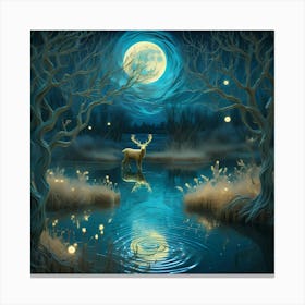 Moonlight In The Forest With Reindeer and A mysterious Lake Canvas Print