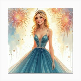 Glamorous Dress Watercolor, Surrounded By Sparkling Fireworks 1 Canvas Print