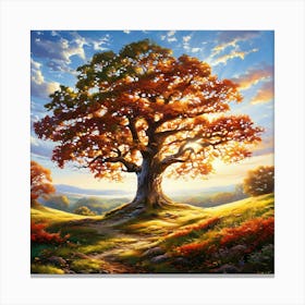 Majestic Oak Tree With Sprawling Branches Located In The Center Of A Serene Meadow Sunlight Filter 445022442 Canvas Print