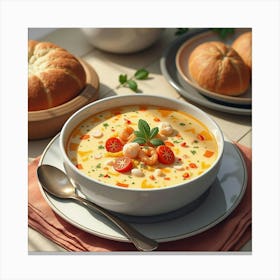 Watercolor Scene Of A Rich And Creamy Seafood Chowder On A Cozy Dining Table Canvas Print