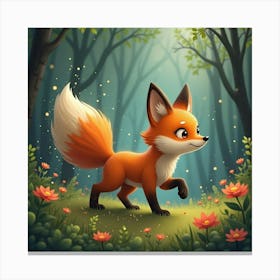 A Whimsical Fox With A Tail Of Shimmering Stardust Prowling Through A Dreamlike Forest Canvas Print