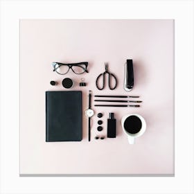 Black Office Supplies On Pink Background Canvas Print