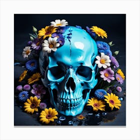 Blue Skull With Flowers Canvas Print