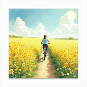 Bicycle Through A Sun Drenched Field Of Flowers Watercolor 1 Canvas Print