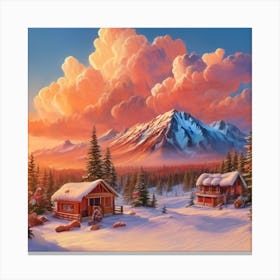 Mountain village snow wooden huts 10 Canvas Print