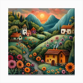 Village At Sunset, Naive, Whimsical, Folk Canvas Print