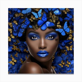 Black Woman With Blue Butterflies Canvas Print
