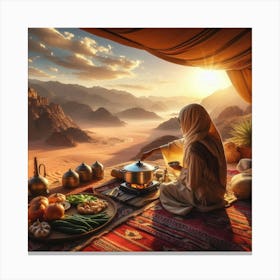 Bedouin Woman Cooking With Panoramic View Canvas Print